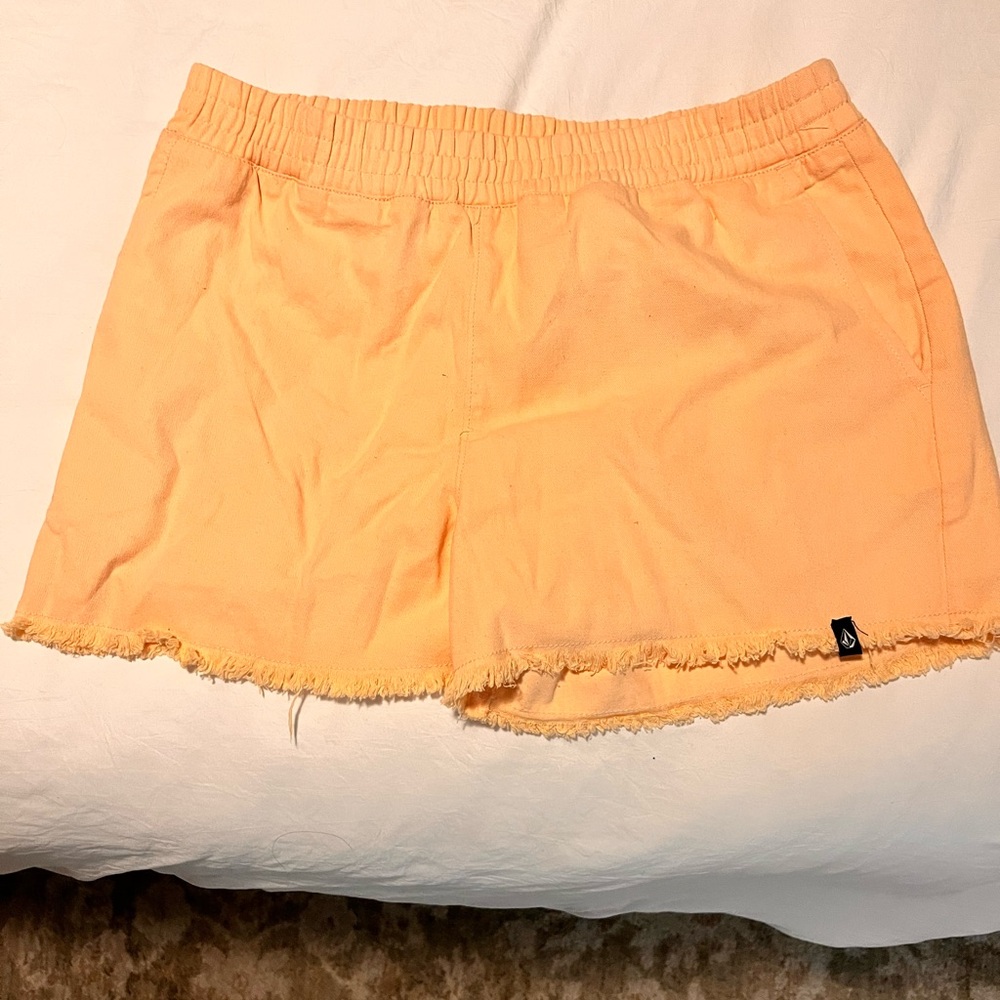 Volcom High Waist Orange Shorts with Frayed Hem